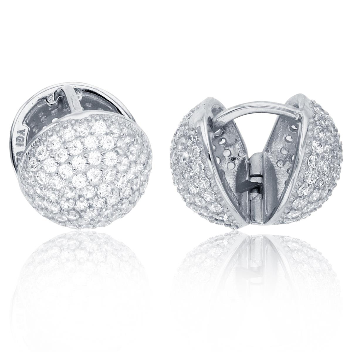 Sterling Silver Rhodium Micropave Rnd CZ Shell Huggie Earrings