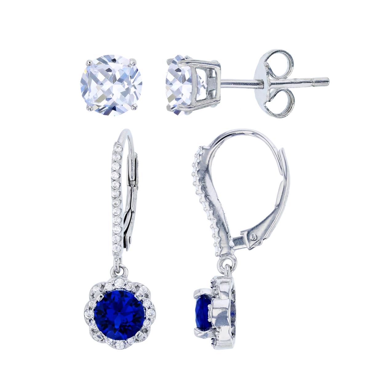 Sterling Silver Rhodium 6mm Sapphire CZ Flower Leverback & 5mm Rd Solitaire Stud Earring Set