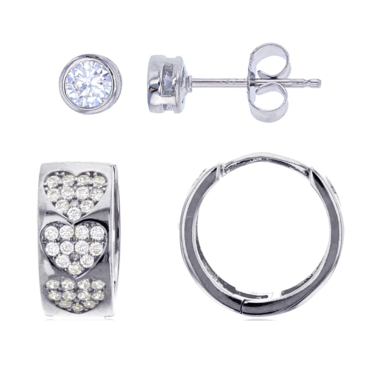 Sterling Silver Rhodium Pave Heart Huggie & 4mm Rd CZ Bezel Stud Earring Set
