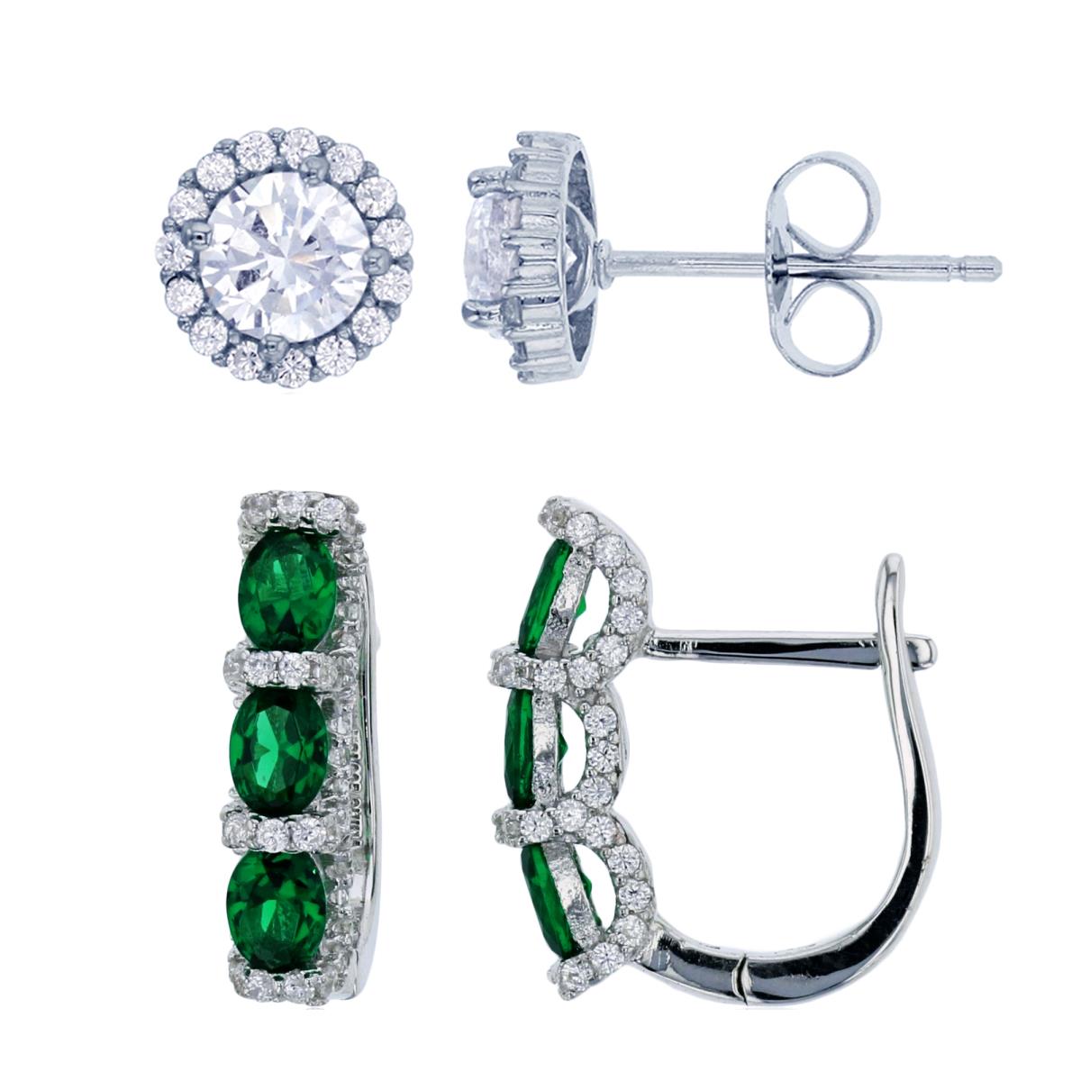 Sterling Silver Rhodium 1-Row Green Oval Cut & White CZ Huggie & 5mm Rd CZ Halo Stud Earring Set