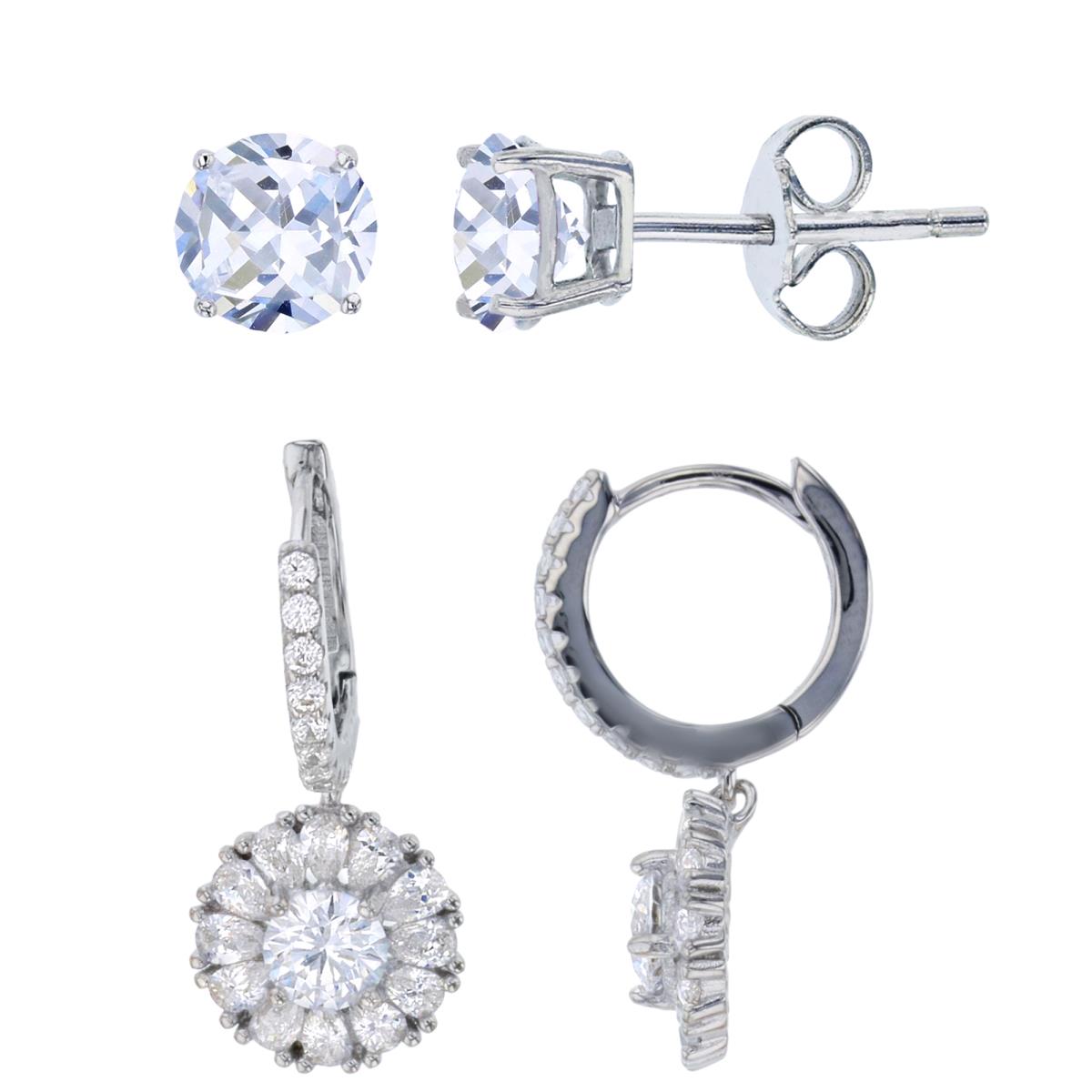 Sterling Silver Rhodium 5mm Rnd & PS White CZ Huggie & 5mm Rd Solitaire Stud Earring Set