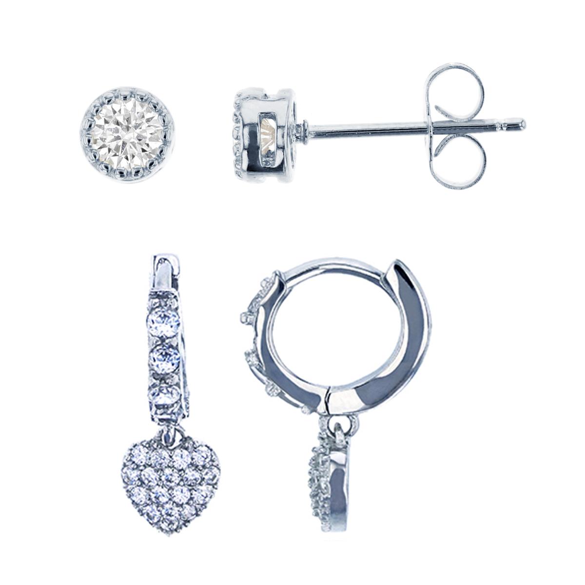 Sterling Silver Rhodium Pave Rd CZ Dnlg Heart Huggie & Rd Milgrain Solitaire Stud Earring Set