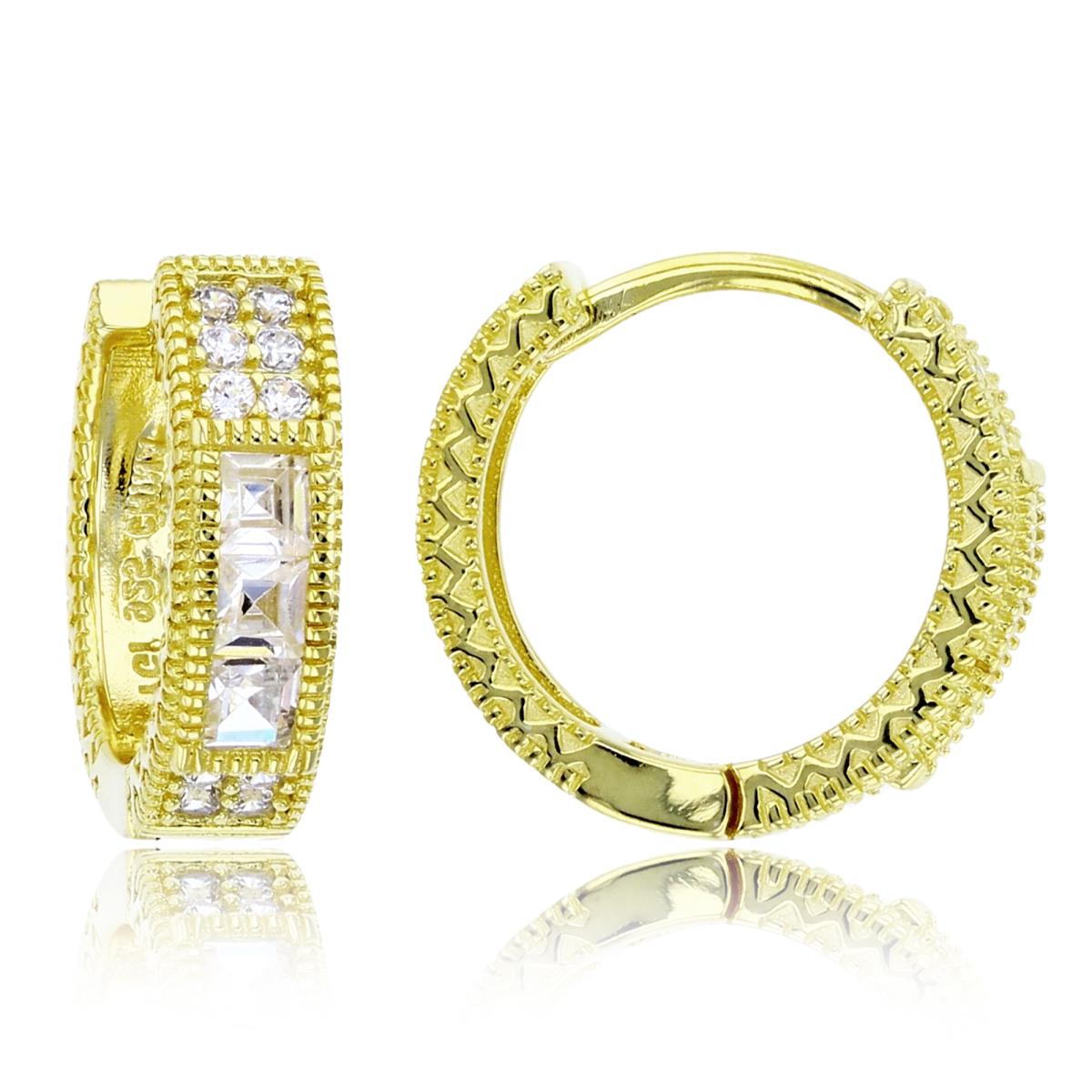 Sterling Silver+1Micron Yellow Gold Rnd & Princess CZ Milgrain 14.5X4mm Huggie Earrings