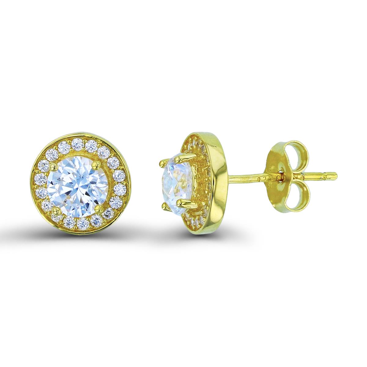 Sterling Silver+1Micron Yellow Gold 5.75mm Rnd White CZ Center Halo Circle Studs
