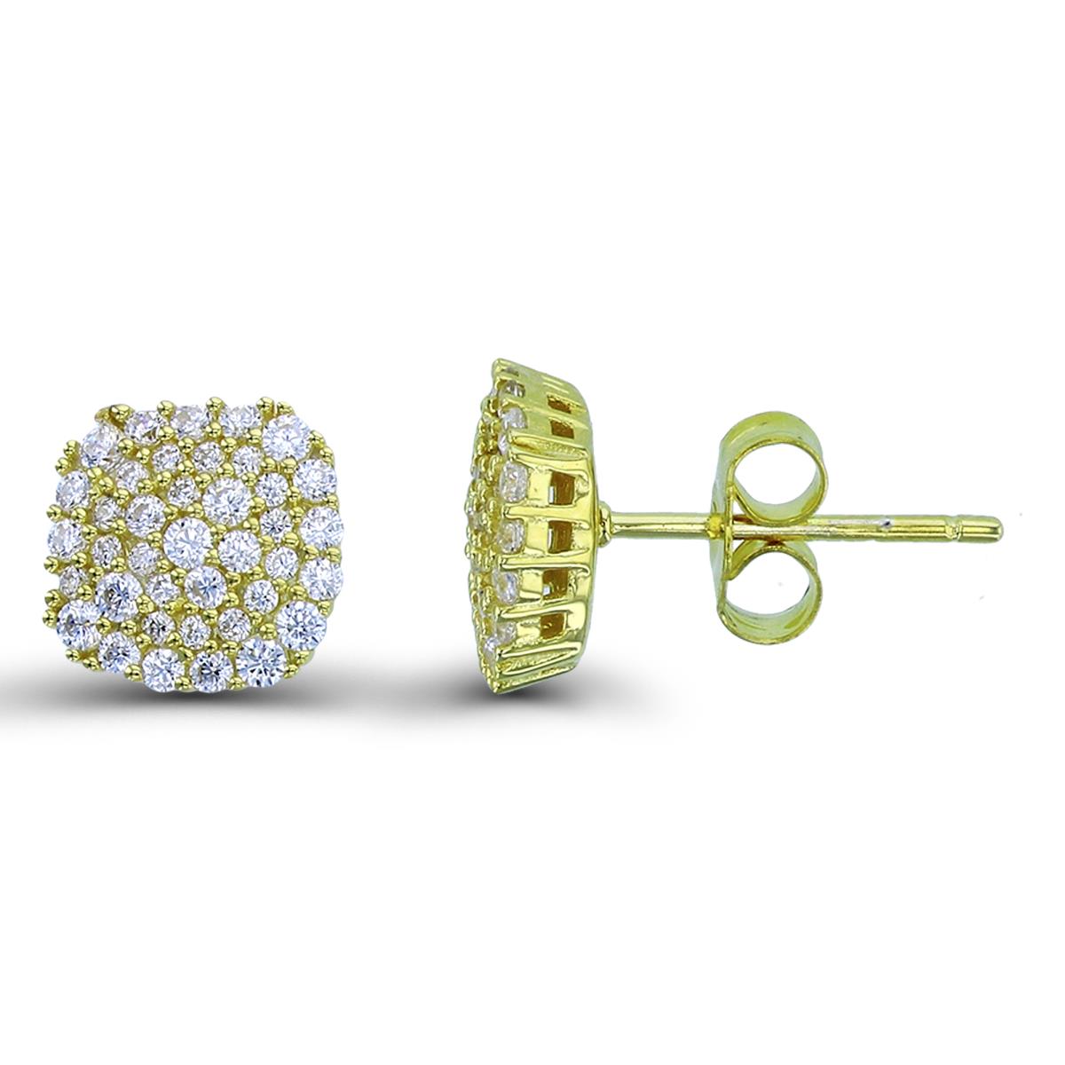 Sterling Silver Yellow Rnd White CZ Pave Cushion Studs