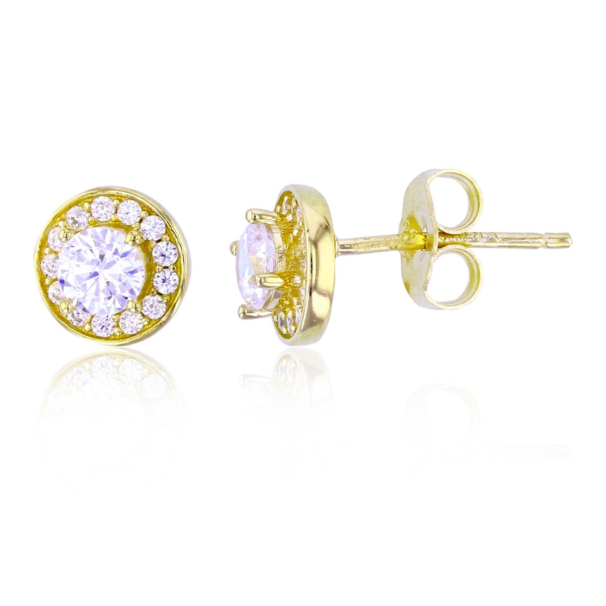 Sterling Silver+1Micron Yellow Gold 4.25mm Rnd CZ Center Halo Circle Studs