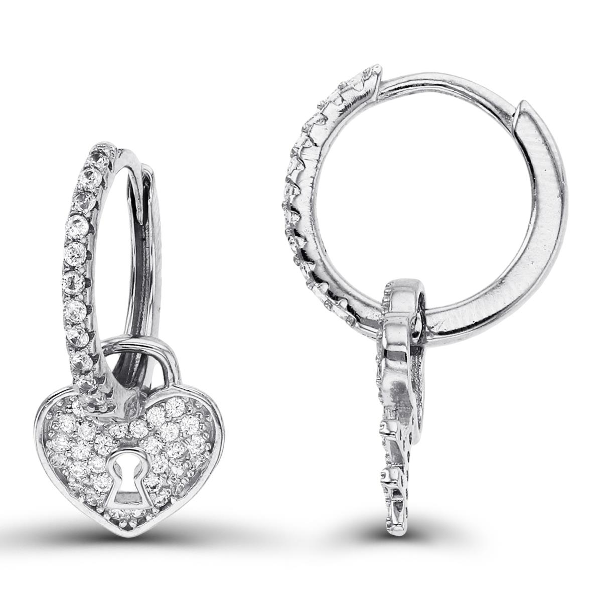 Sterling Silver Rhodium Rnd CZ Heart Lock/Key on Huggie Earrings