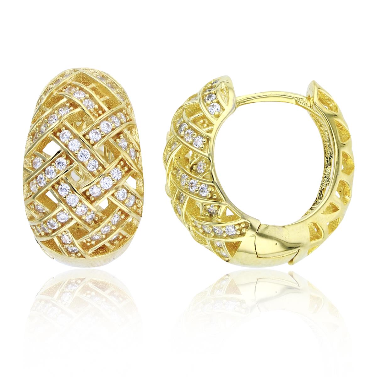 Sterling Silver+1Micron Yellow Gold Rnd CZ Criss/Cross Rows Domed 18X10.5mm Huggie Earrings
