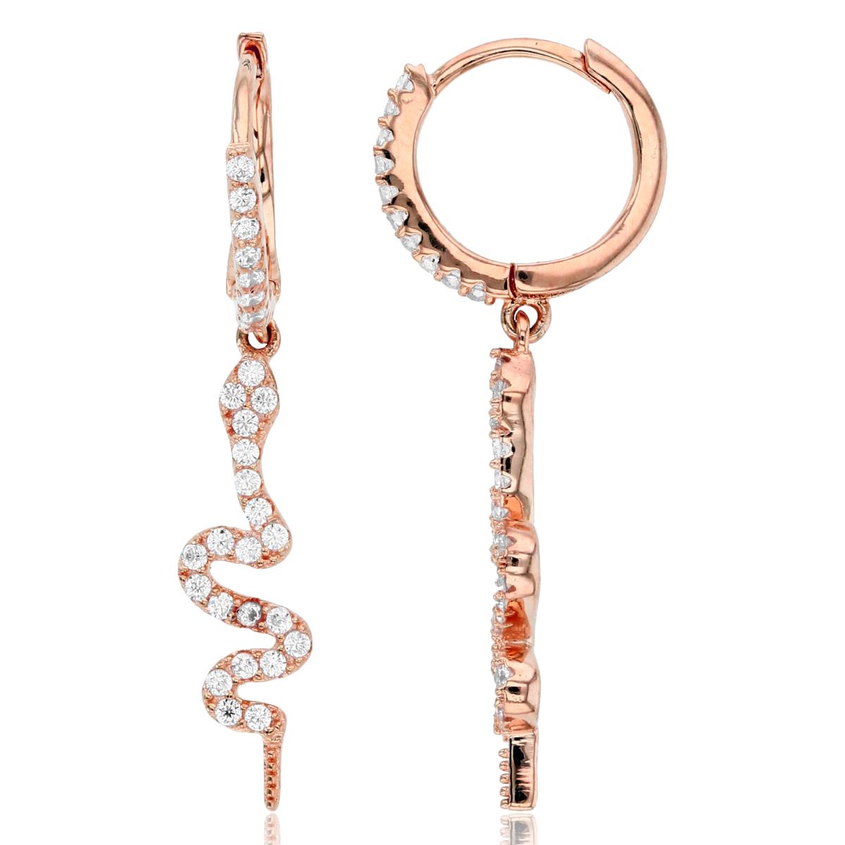Sterling Silver+1Micron Rose Gold Rnd White CZ Snake Dangling on Huggie Top Earrings