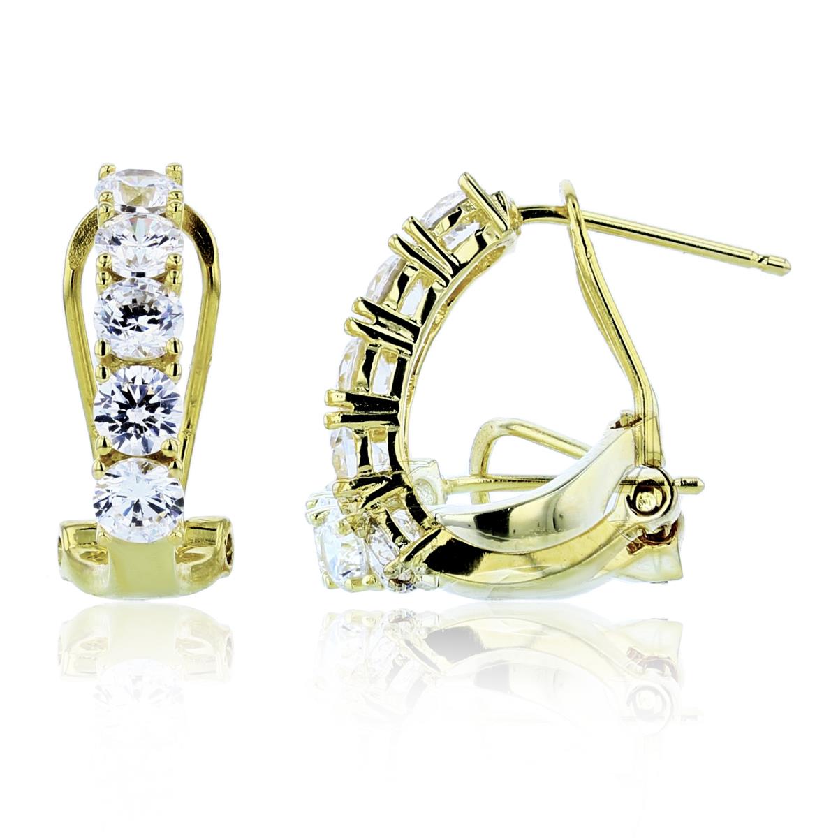 Sterling Silver+1Micron Yellow Gold 3.75mm Rnd White CZ Row J-Hoop Earrings