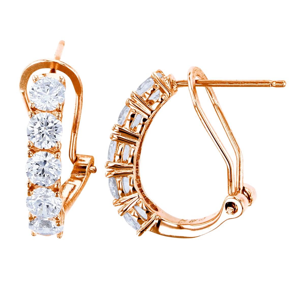 Sterling Silver+1Micron Rose Gold 3.75mm Rnd White CZ Row J-Hoop Earrings