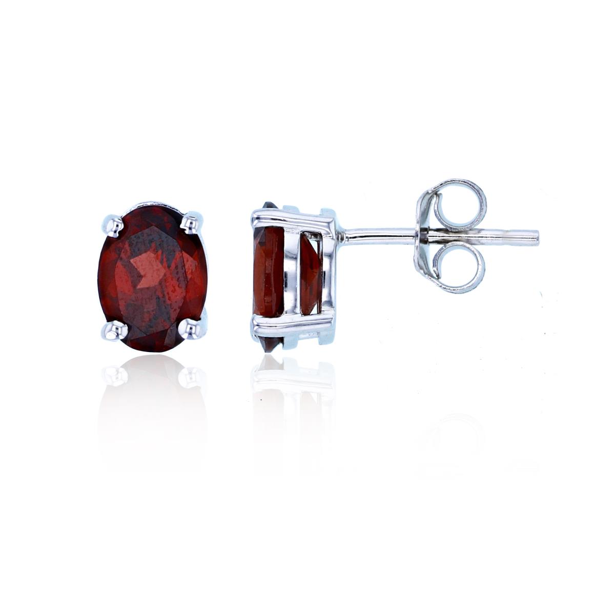 Sterling Silver Rhodium 8x6mm Oval Red Garnet Solitaire Stud Earring