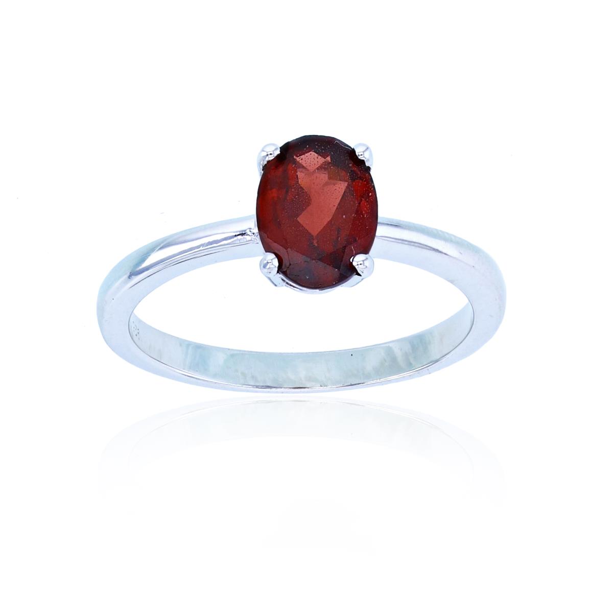 Sterling Silver Rhodium 8x6mm Oval Garnet Solitaire Ring
