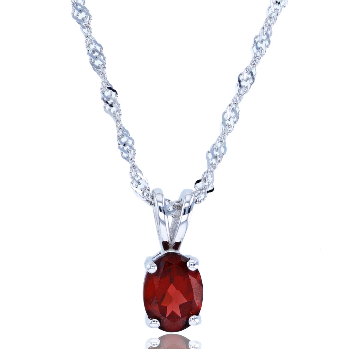 Sterling Silver Rhodium 8x6mm Oval Garnet Solitaire 18"+2" Singapore Chain Necklace