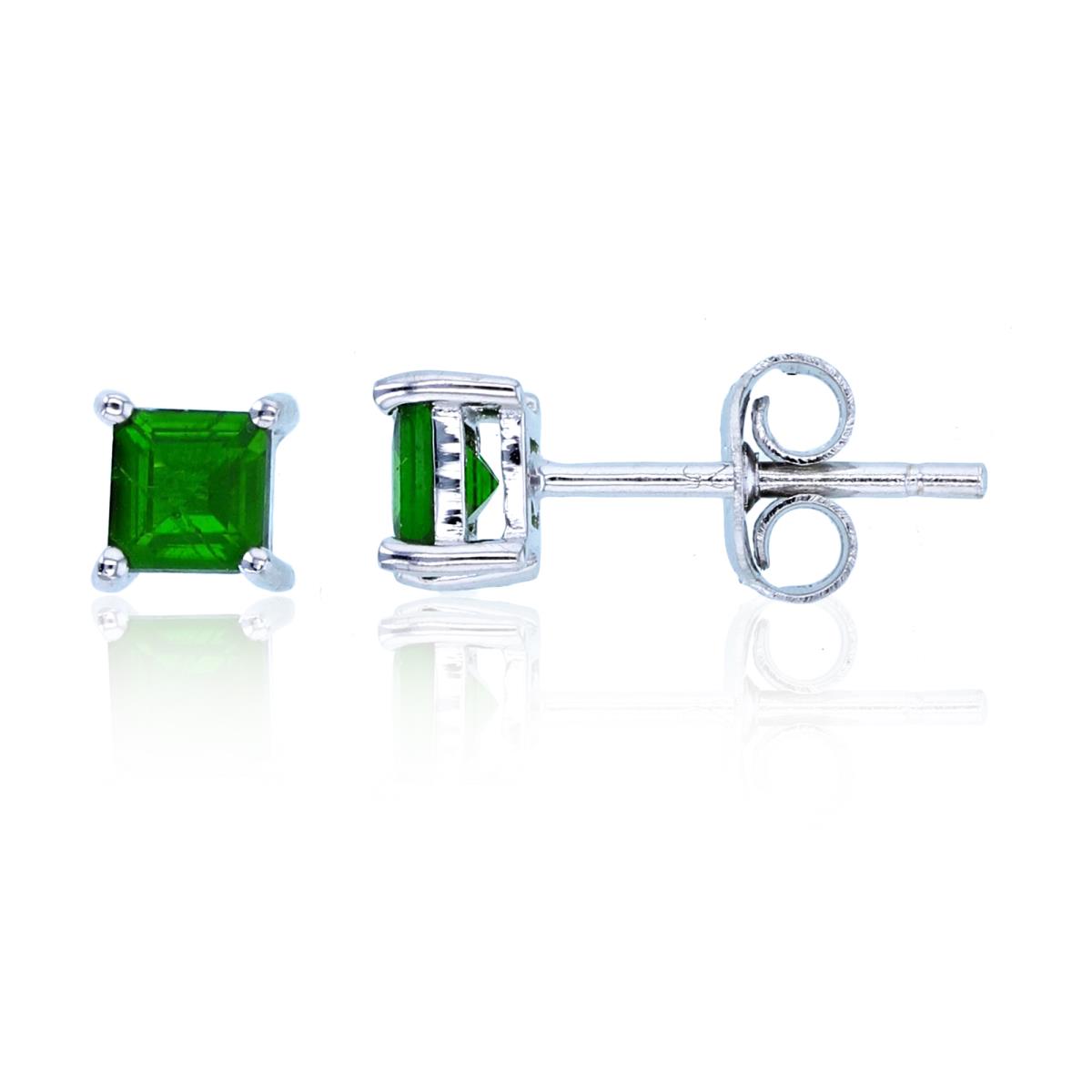 Sterling Silver Rhodium 4mm Square Chrome Diopside Stud Earring