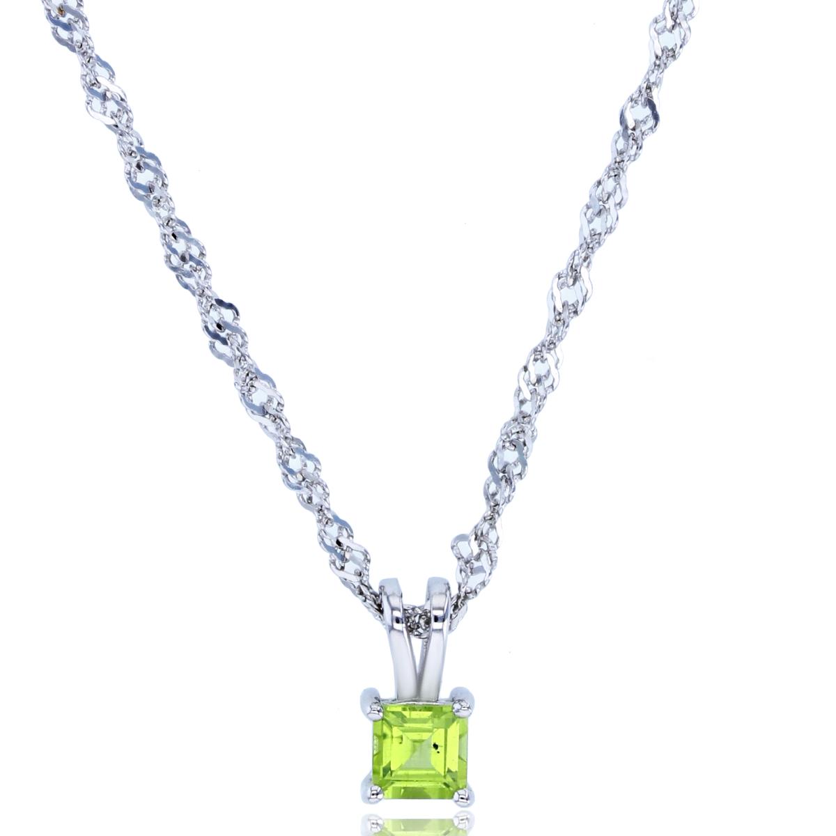 Sterling Silver Rhodium 4mm Square Peridot 18"+2" Singapore Chain Necklace