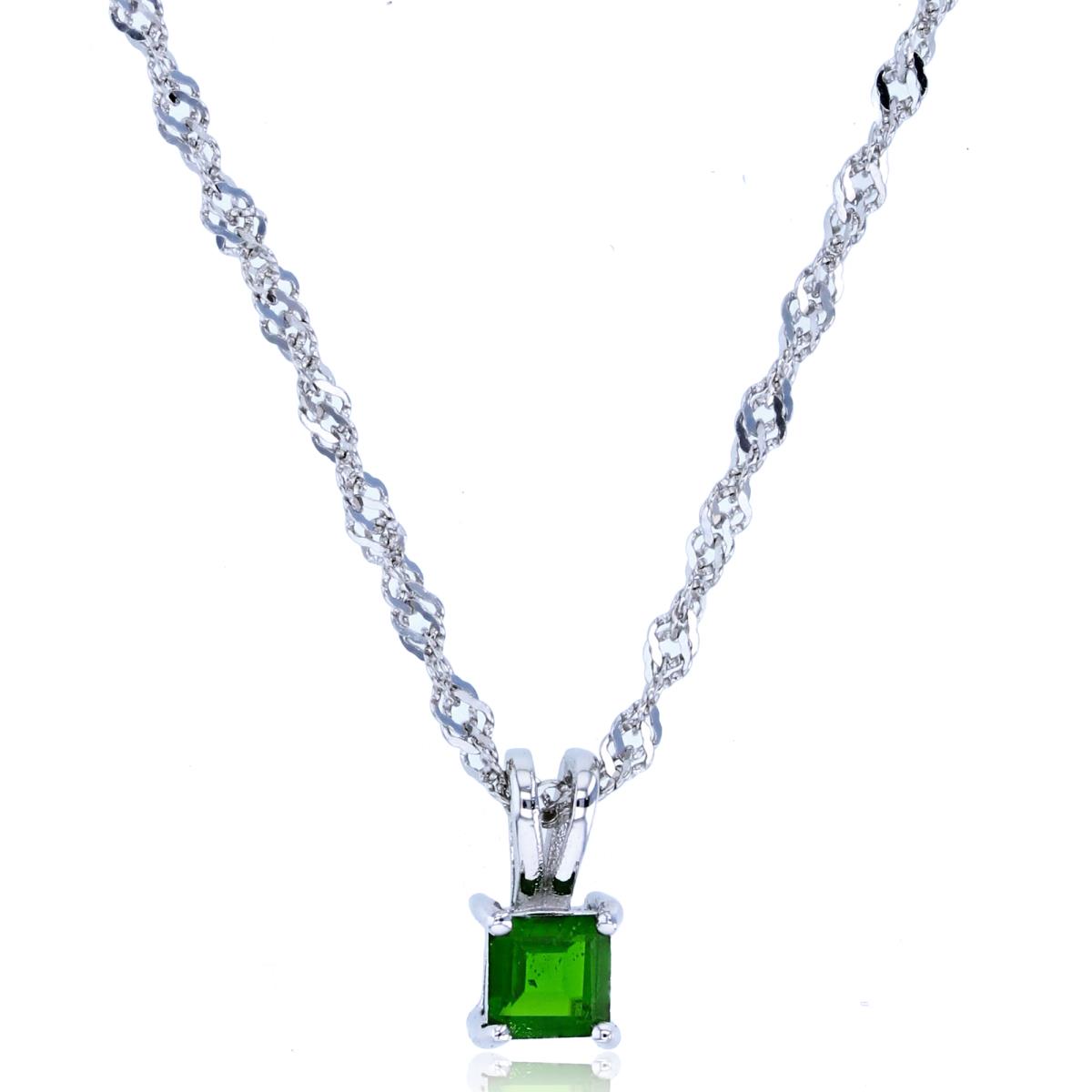 Sterling Silver Rhodium 4mm Square Chrome Diopside 18"+2" Singapore Chain Necklace