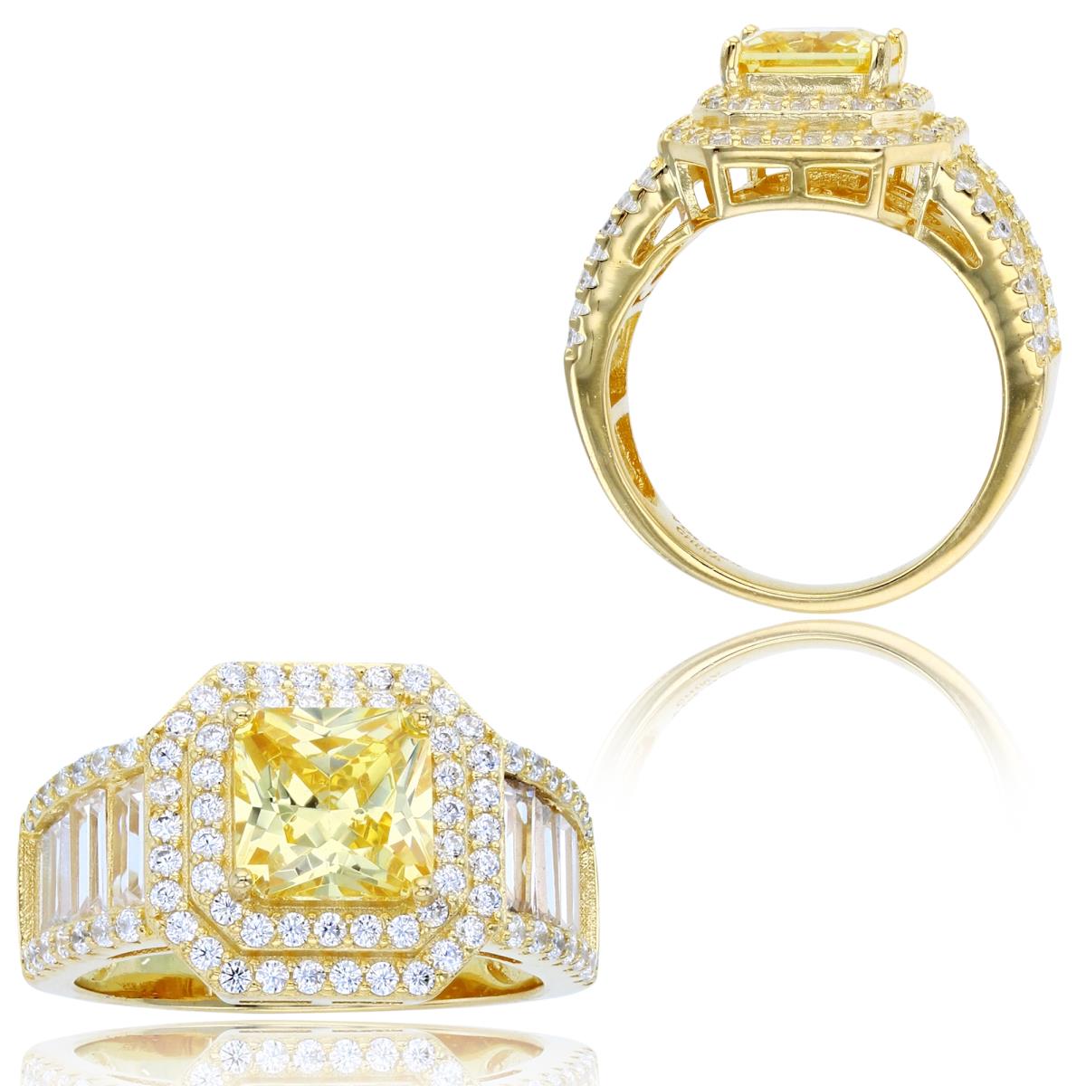 Sterling Silver+1Micron Yellow Gold 7mm Princess Canary Yellow & Rnd /SB White CZ Double Halo Anniversary Ring