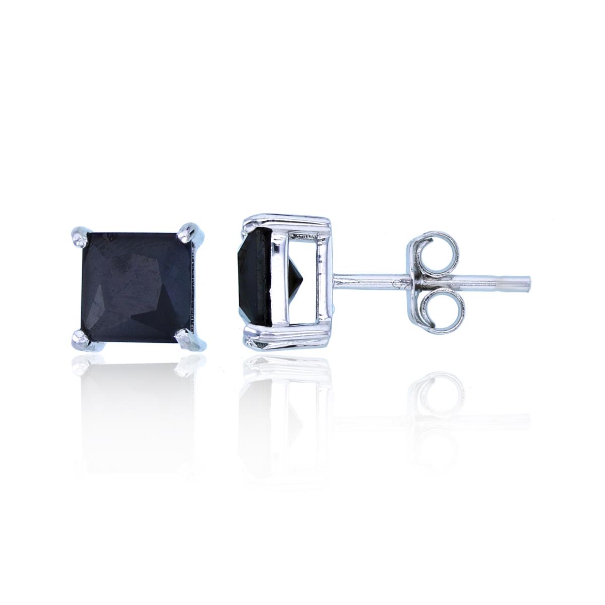 Sterling Silver Rhodium 6mm Square Black Spinel Stud Earring