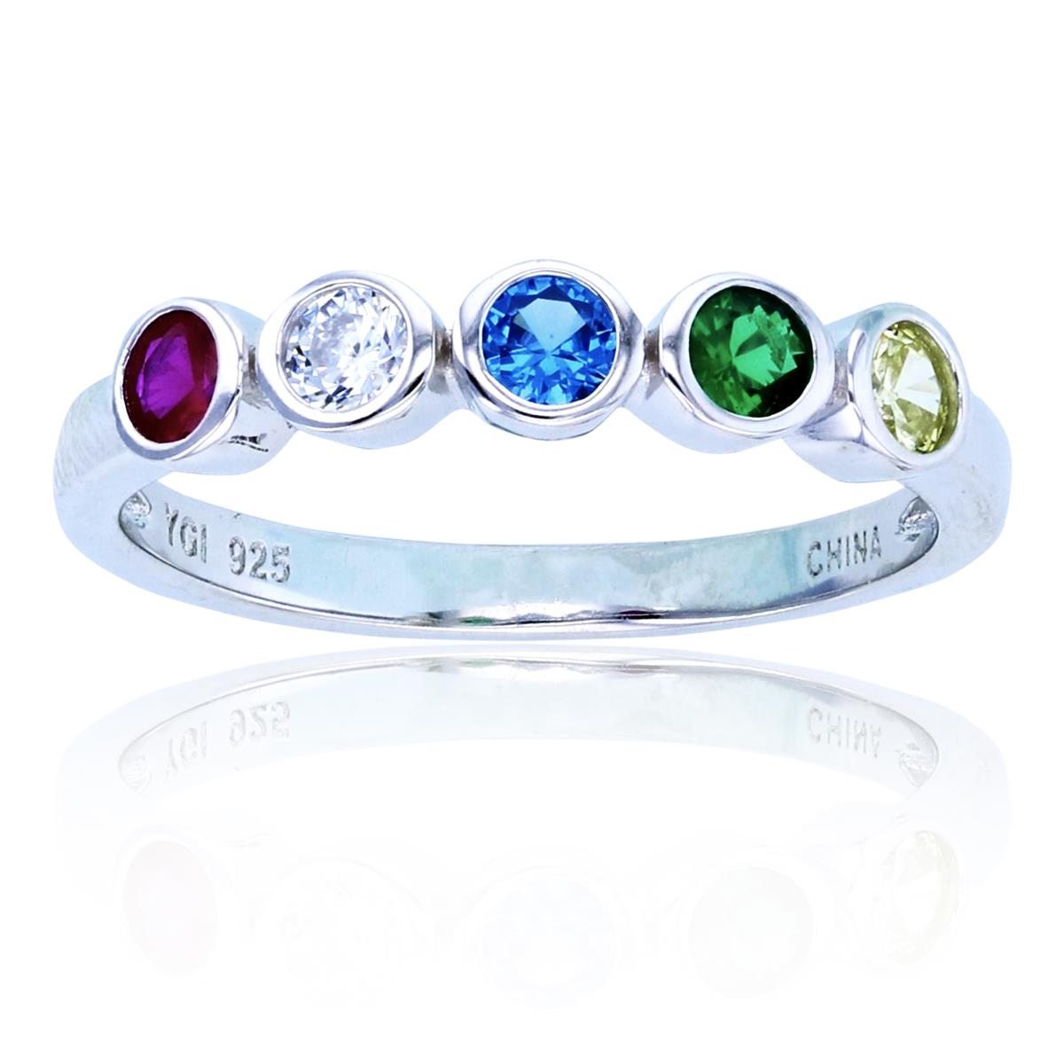 Sterling Silver Rhodium 3mm Multicolor CZ Bezel Circle Row Band 