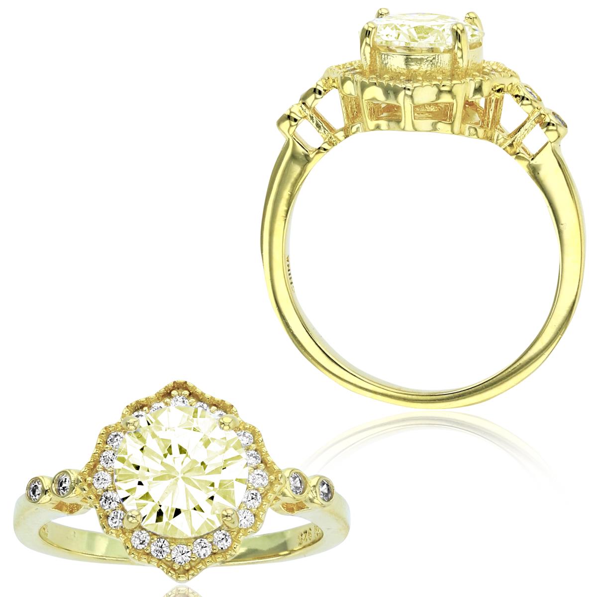 Sterling Silver+1Micron Yellow Gold 8mm Rnd Canary Yellow CZ Center & Rnd White CZ  Milgrain Ring