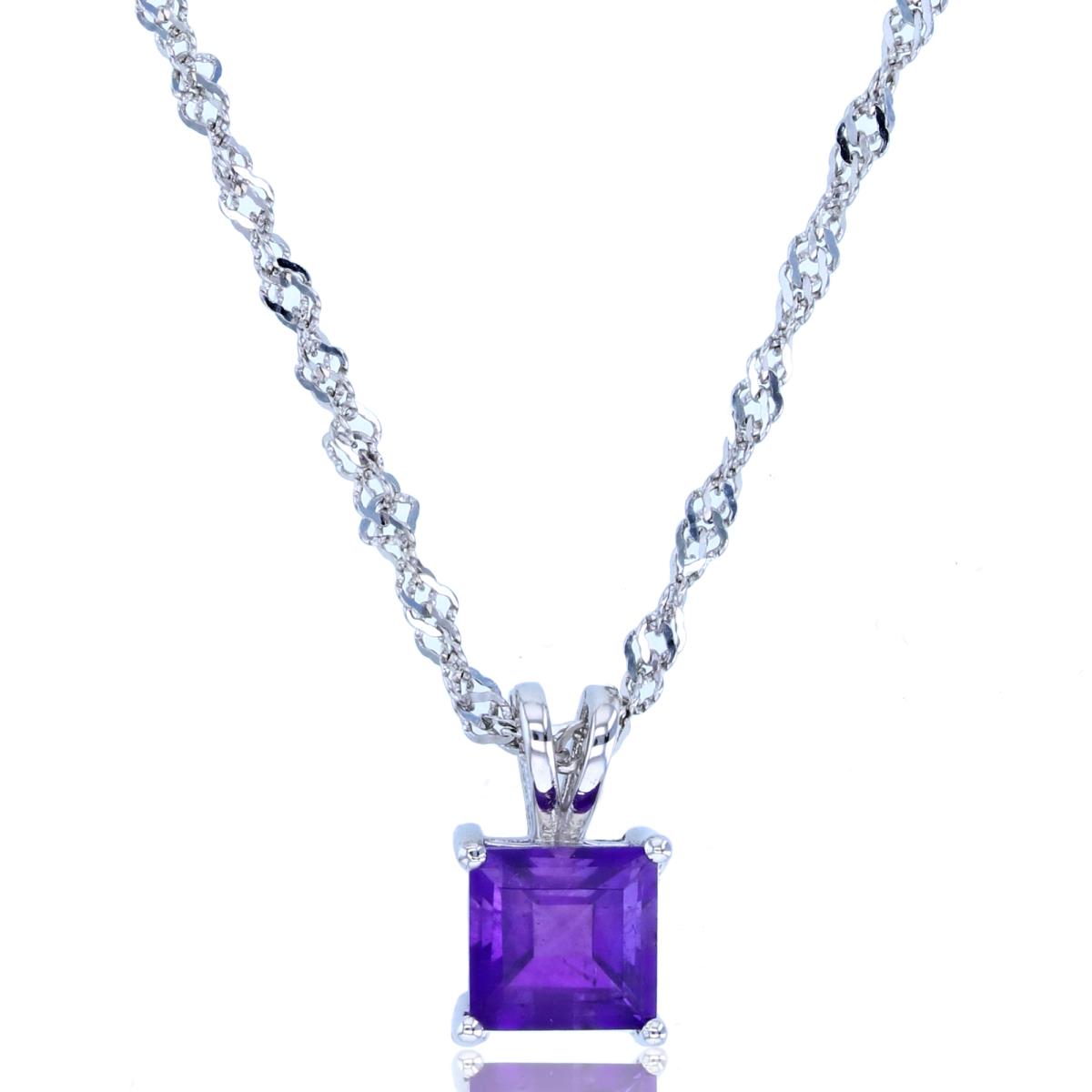 Sterling Silver Rhodium 6mm Square Amethyst 18"+2" Singapore Necklace