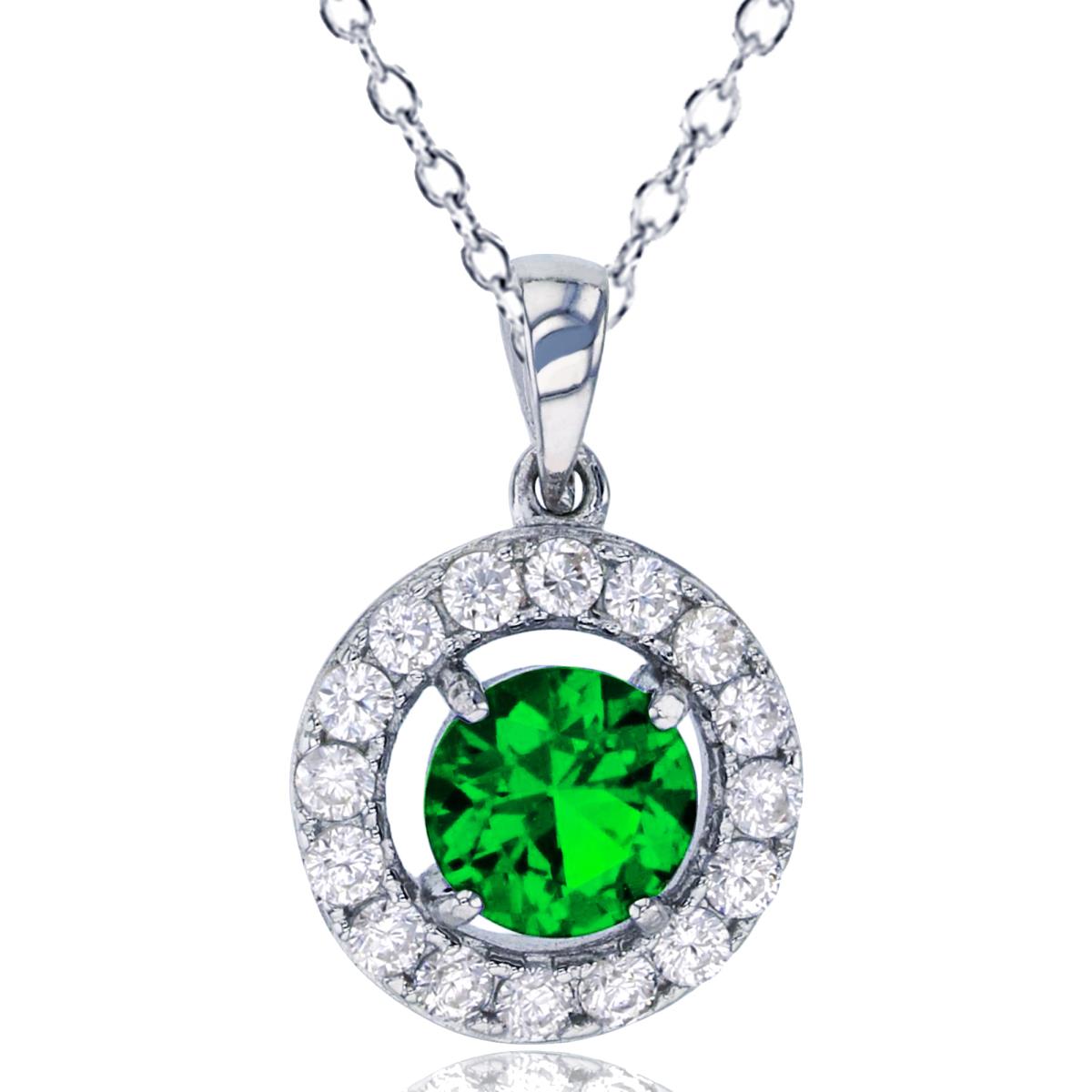 Sterling Silver Rhodium Pave 6mm Rd Green CZ Halo 18" Necklace