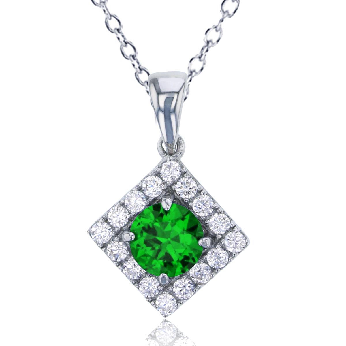 Sterling Silver Rhodium Pave 6mm Rd Green CZ Square 18" Necklace