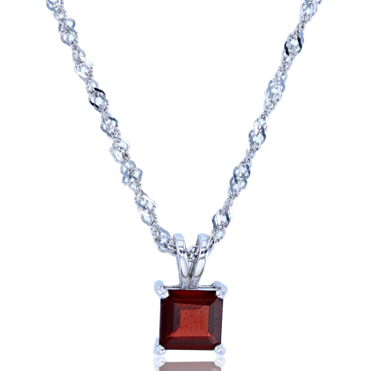 Sterling Silver Rhodium 6mm Square Red Garnet 18"+2" Singapore Necklace