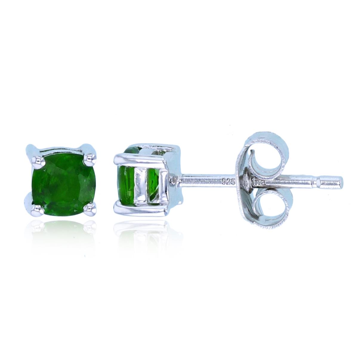 Sterling Silver Rhodium 4mm Cushion Chrome Diopside Stud Earring