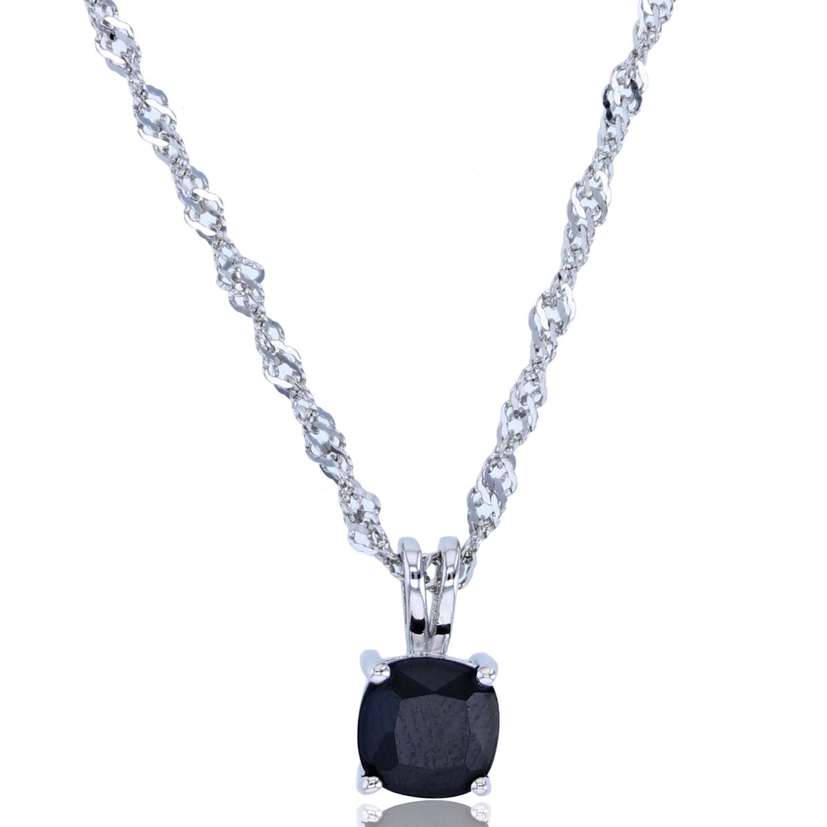 Sterling Silver Rhodium 6mm Cushion Black Spinel 18"+2" Singapore Necklace