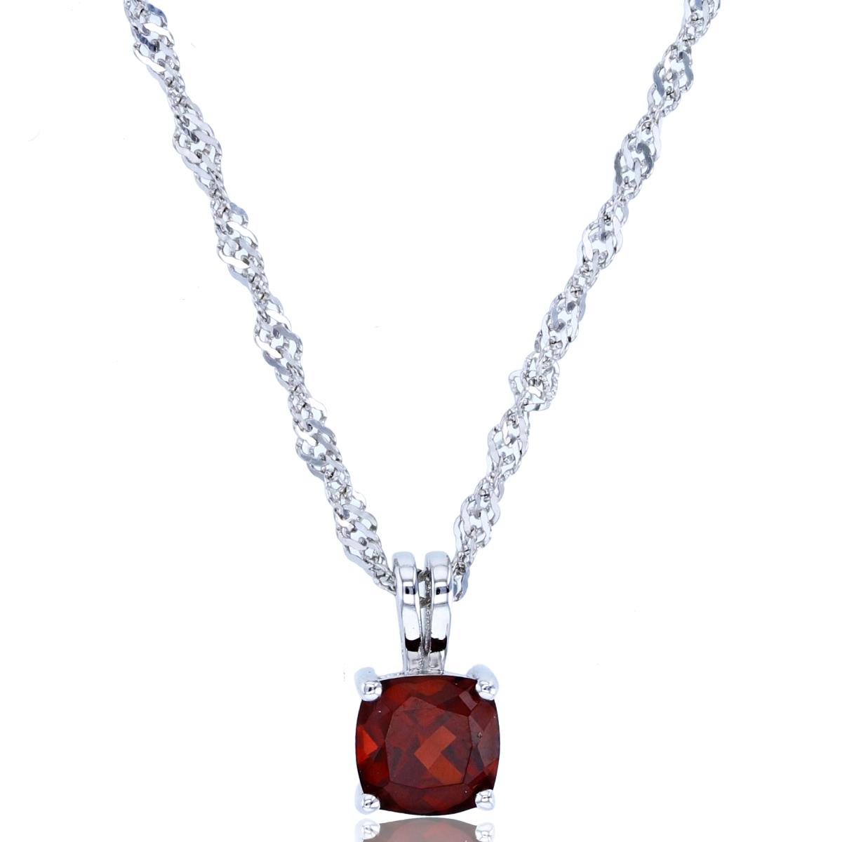Sterling Silver Rhodium 6mm Cushion Red Garnet 18"+2" Singapore Necklace