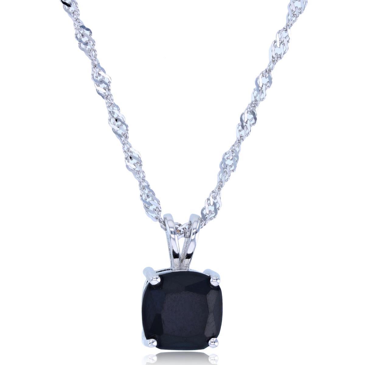 Sterling Silver Rhodium 8mm Cushion Black Spinel 18"+2" Singapore Necklace