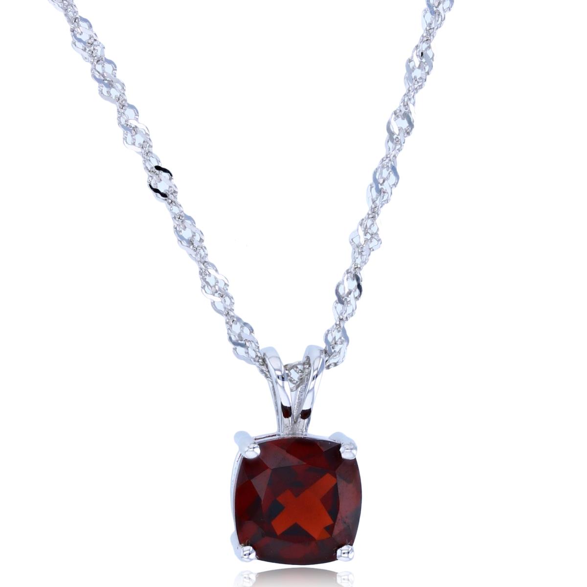 Sterling Silver Rhodium 8mm Cushion Red Garnet 18"+2" Singapore Necklace