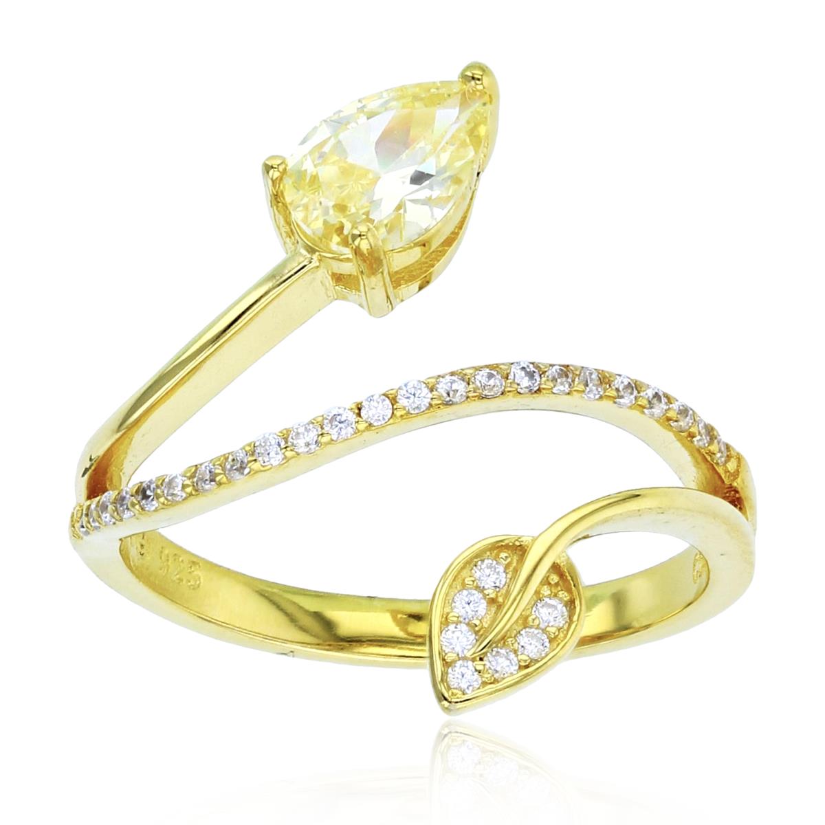 Sterling Silver+1Micron Yellow Gold 7x5mm PS Canary Yellow & Rnd White CZ Leaves Open Rows Ring