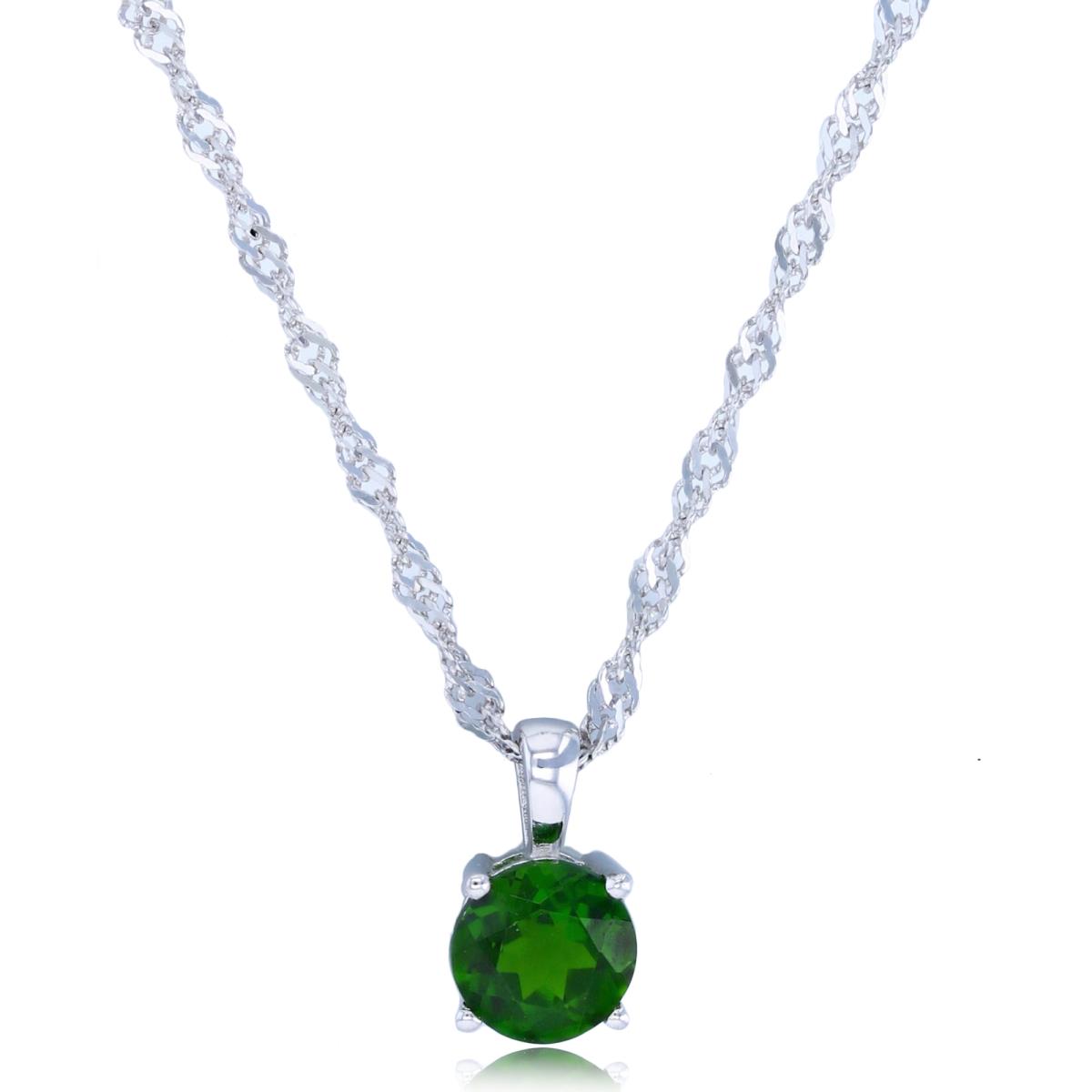 Sterling Silver Rhodium 6mm Rd Chrome Diopside Solitaire 18"+2" Singapore Chain Necklace