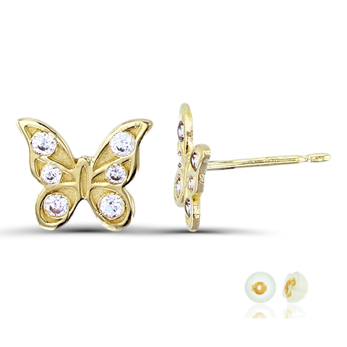 14K Yellow Gold CZ Butterfly Stud Earring with Silicone Back