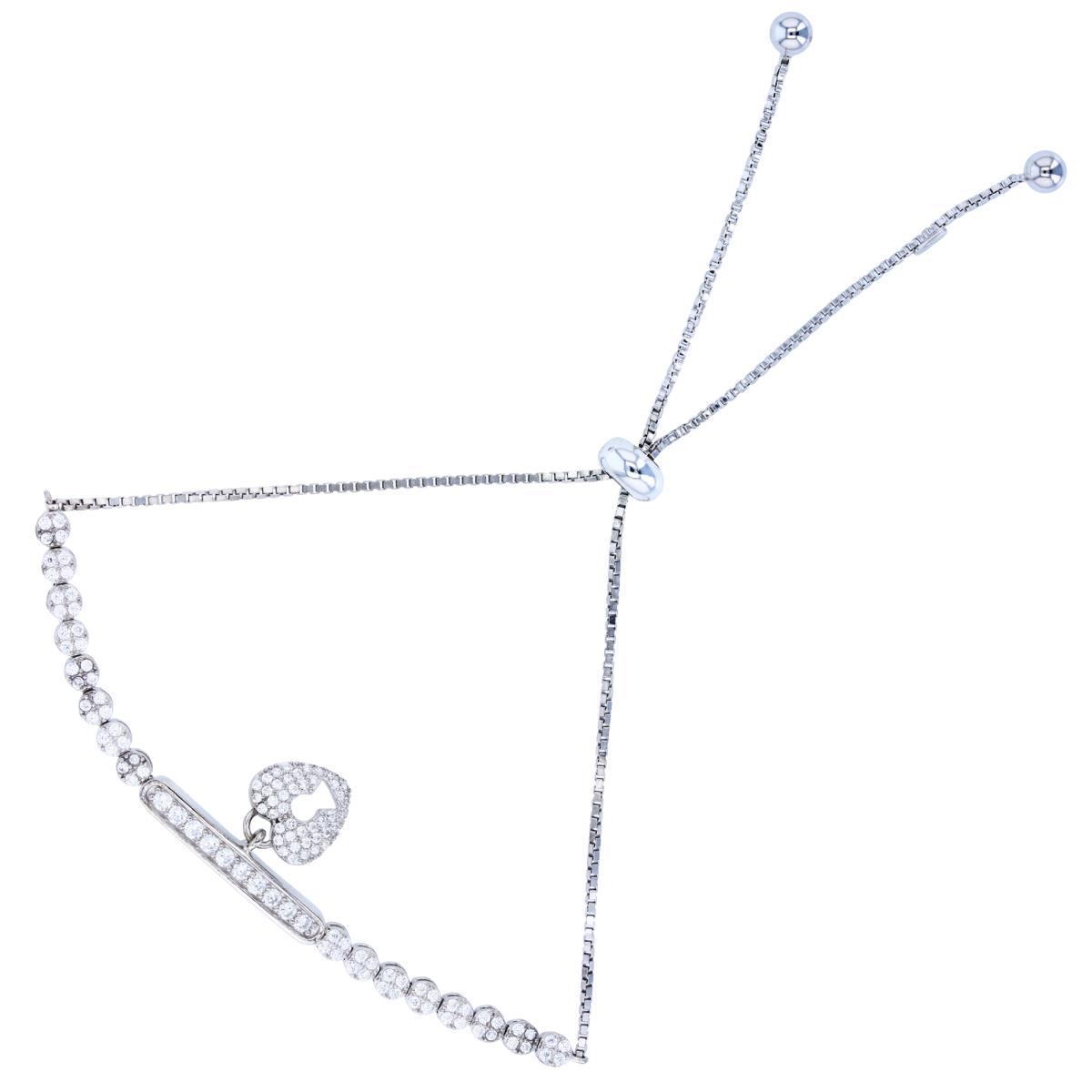 Sterling Silver Rhodium Rnd CZ Bar/Heart Lock Adjustable Bolo Bracelet