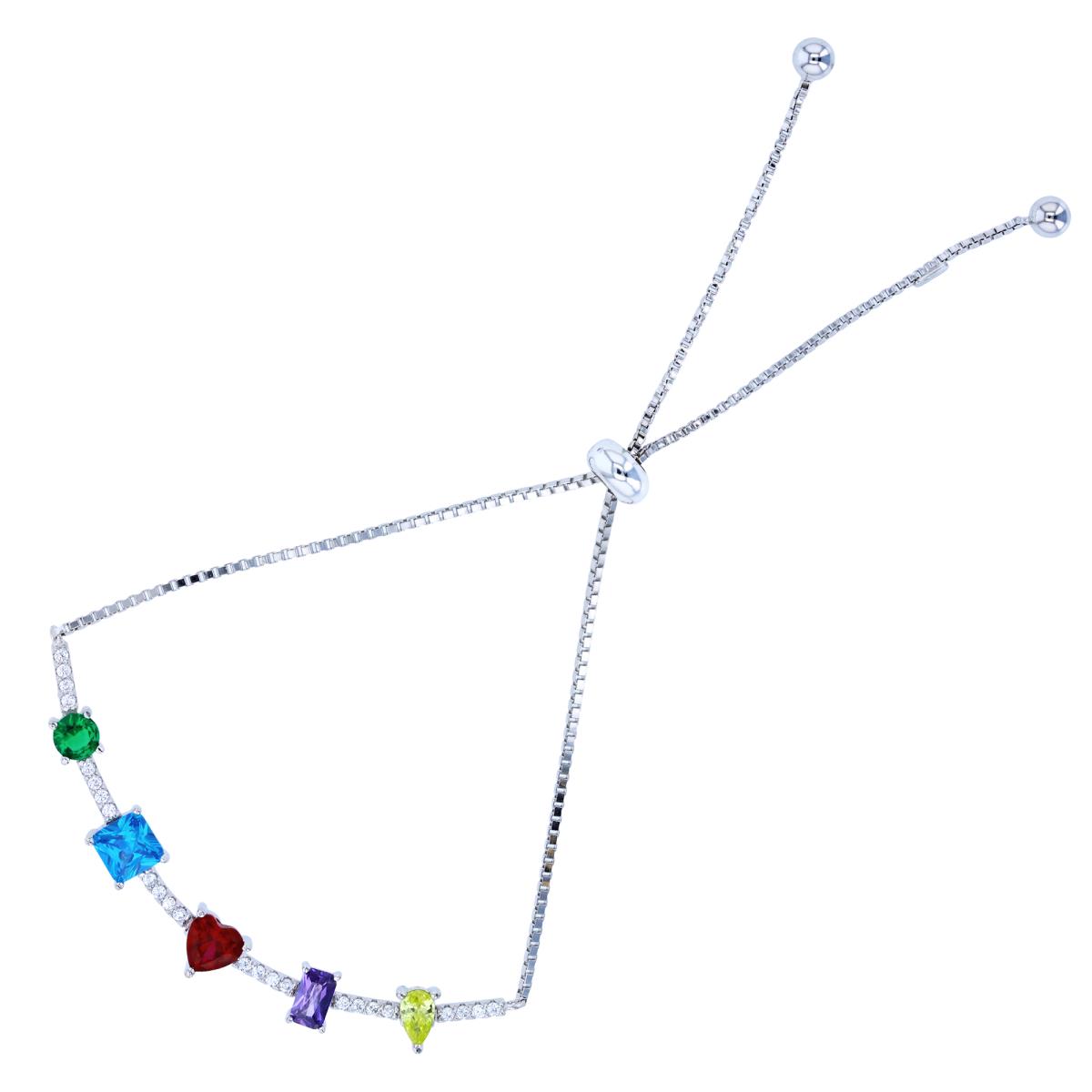 Sterling Silver Rhodium Multishape Multicolor CZ Adjustable Bolo Bracelet