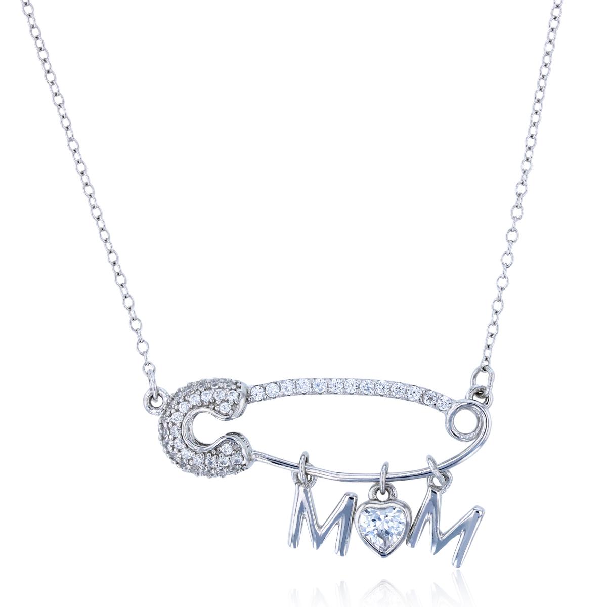 Sterling Silver Rhodium HS & Rnd CZ Safety Pin "Mom"18"Necklace