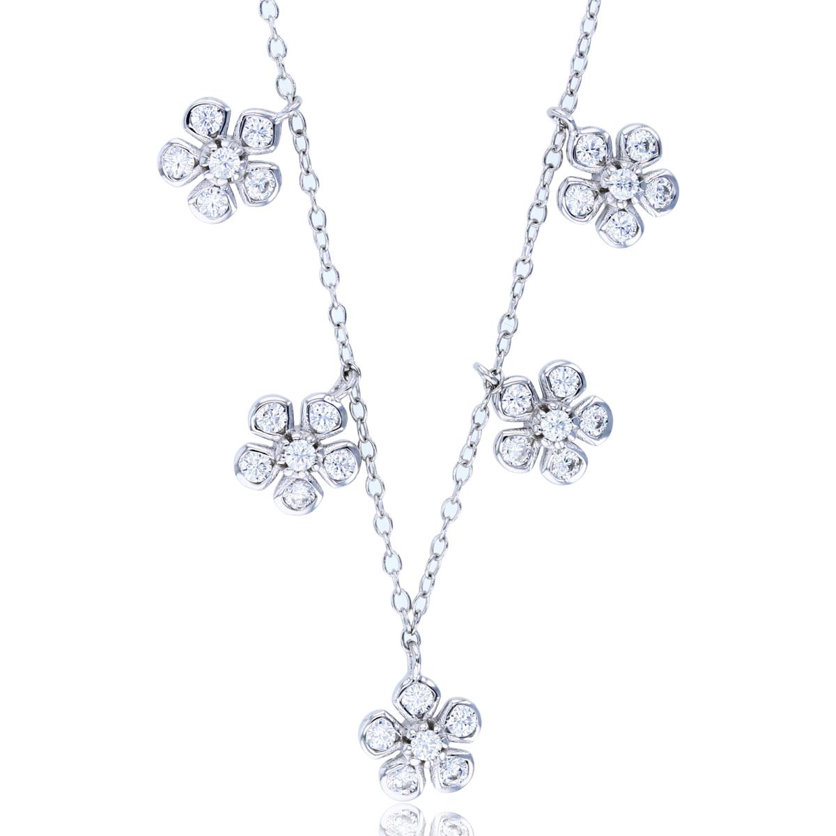 Sterling Silver Rhodium Rnd CZ Dangling Bezel Flowers 18"Necklace