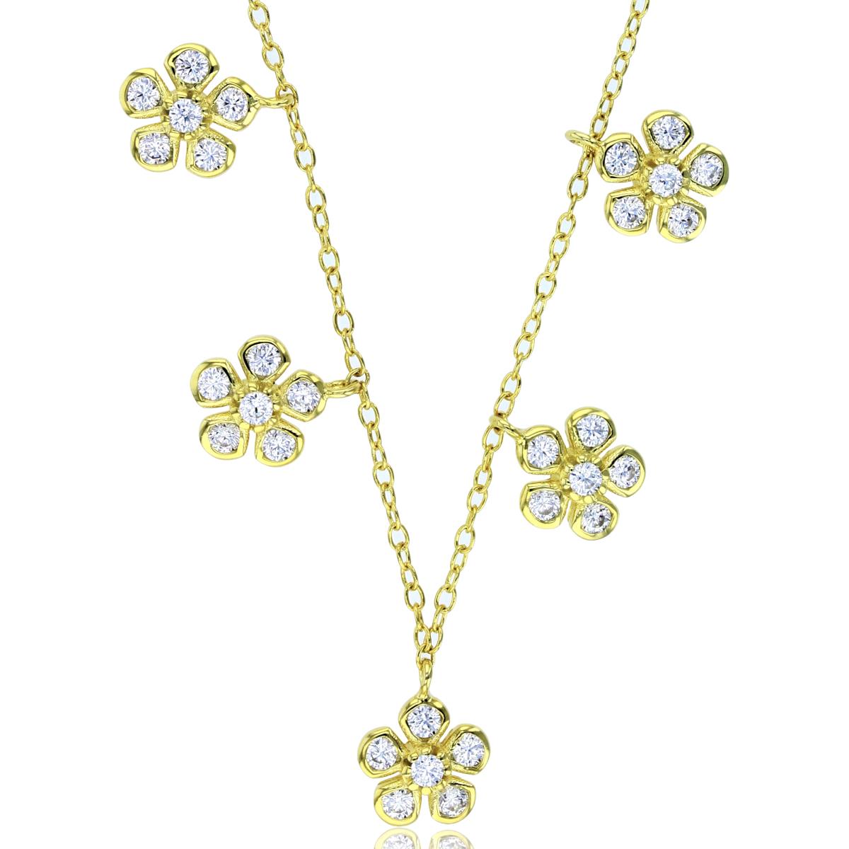 Sterling Silver Yellow Rnd CZ Dangling Bezel Flowers 18"Necklace