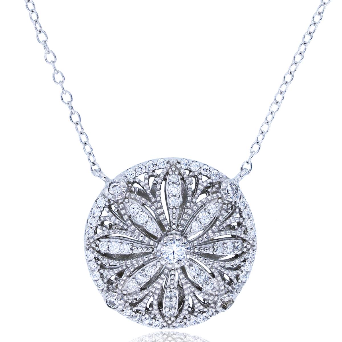 Sterling Silver Rhodium Rnd CZ Milgrain Dome Flower in Circle 18"Necklace