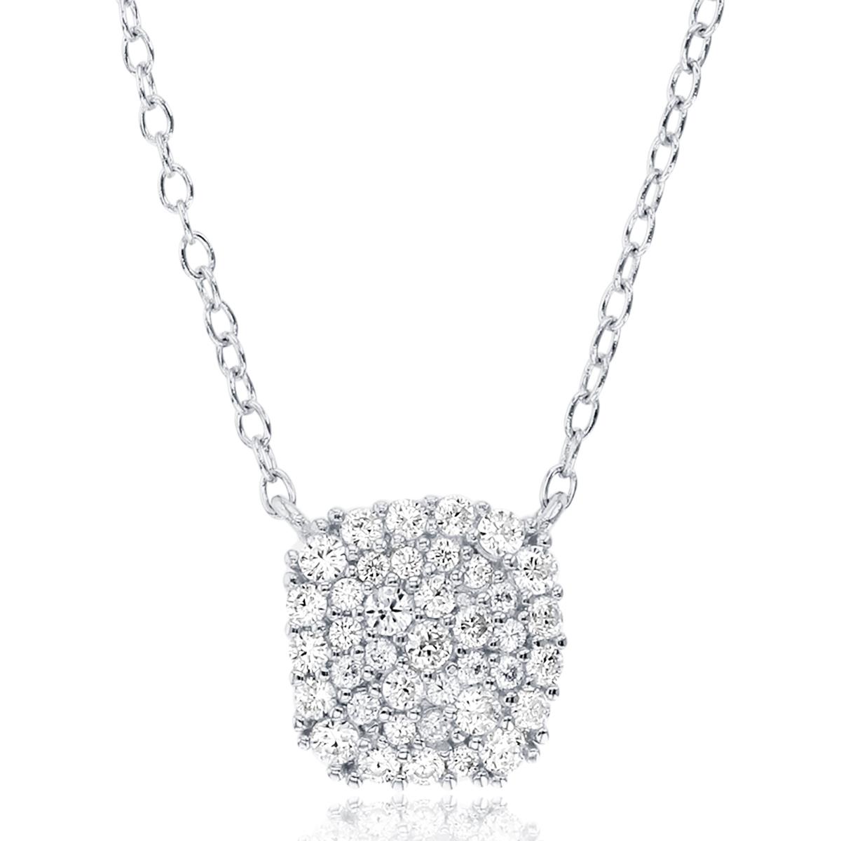 Sterling Silver Rhodium Rnd CZ Pave Cushion 18"Necklace