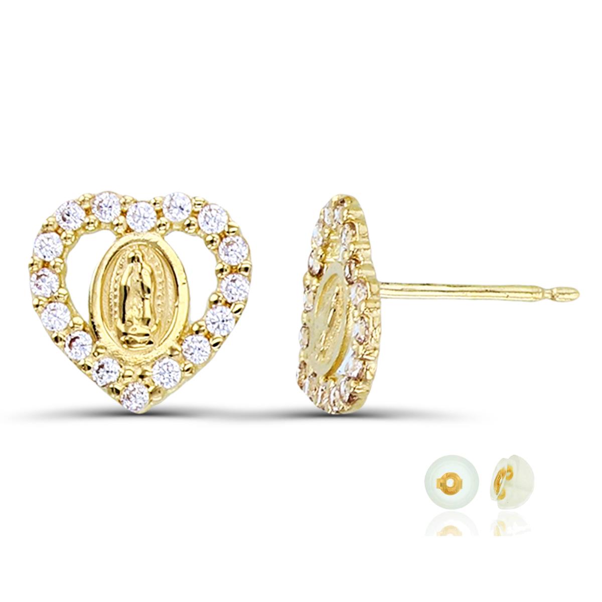 14K Yellow Gold Virgin Mary CZ Heart Stud Earring with Silicone Back