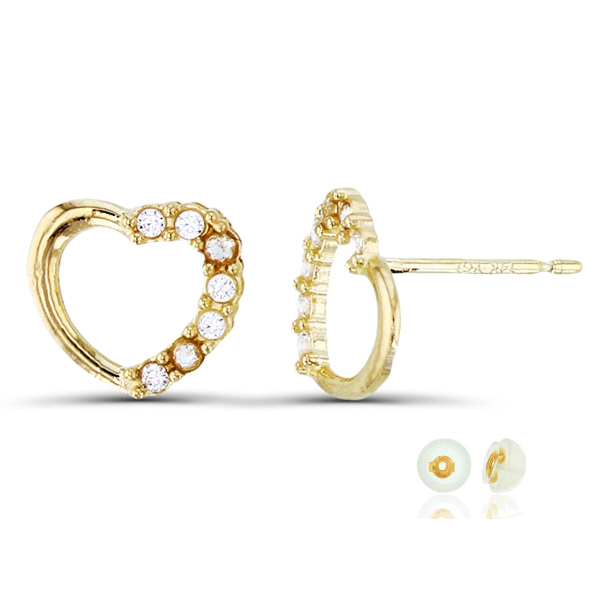 14K Yellow Gold Hlaf CZ Heart Stud Earring with Silicone Back