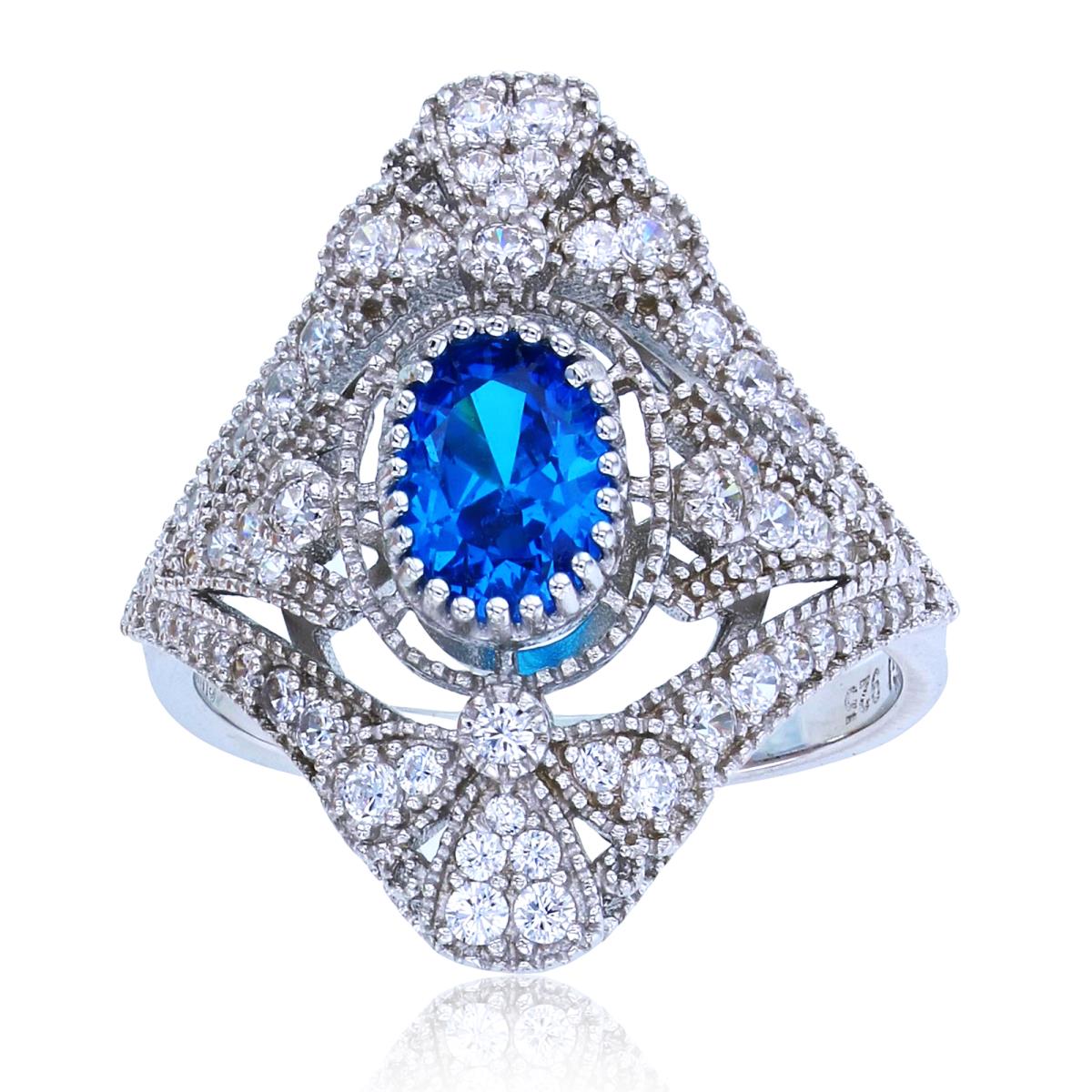 Sterling Silver Rhodium 7x5mm Ov Dark Blue & Rnd White CZ Milgrain Ornament MQ-shape Ring