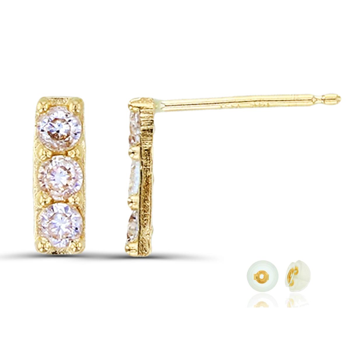 14K Yellow Gold Triple CZ Bar Stud Earring with Silicone Back