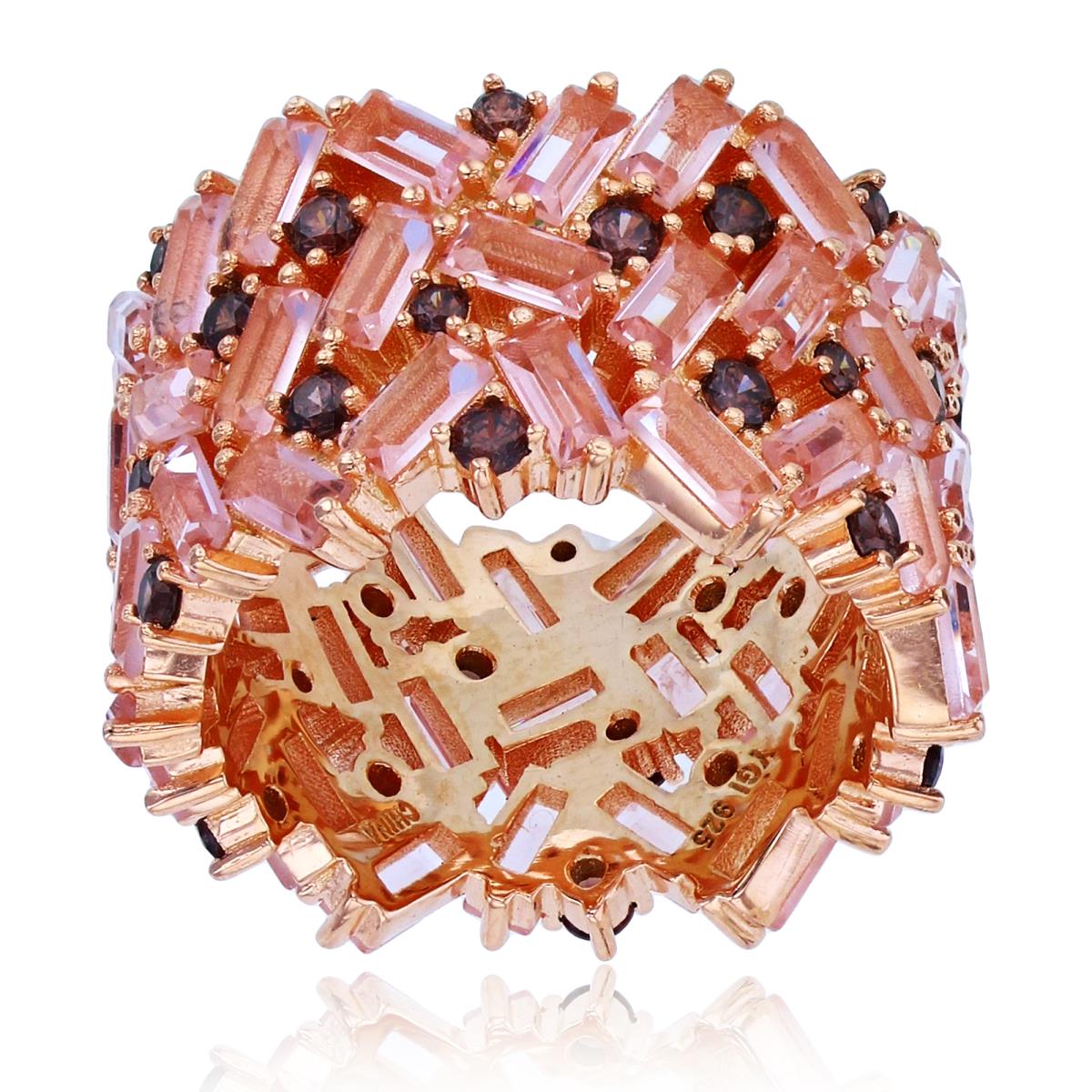 Sterling Silver+1Micron Rose Gold SB Morganite CZ & Rnd Smokey CZ Scattered  Wide Band 