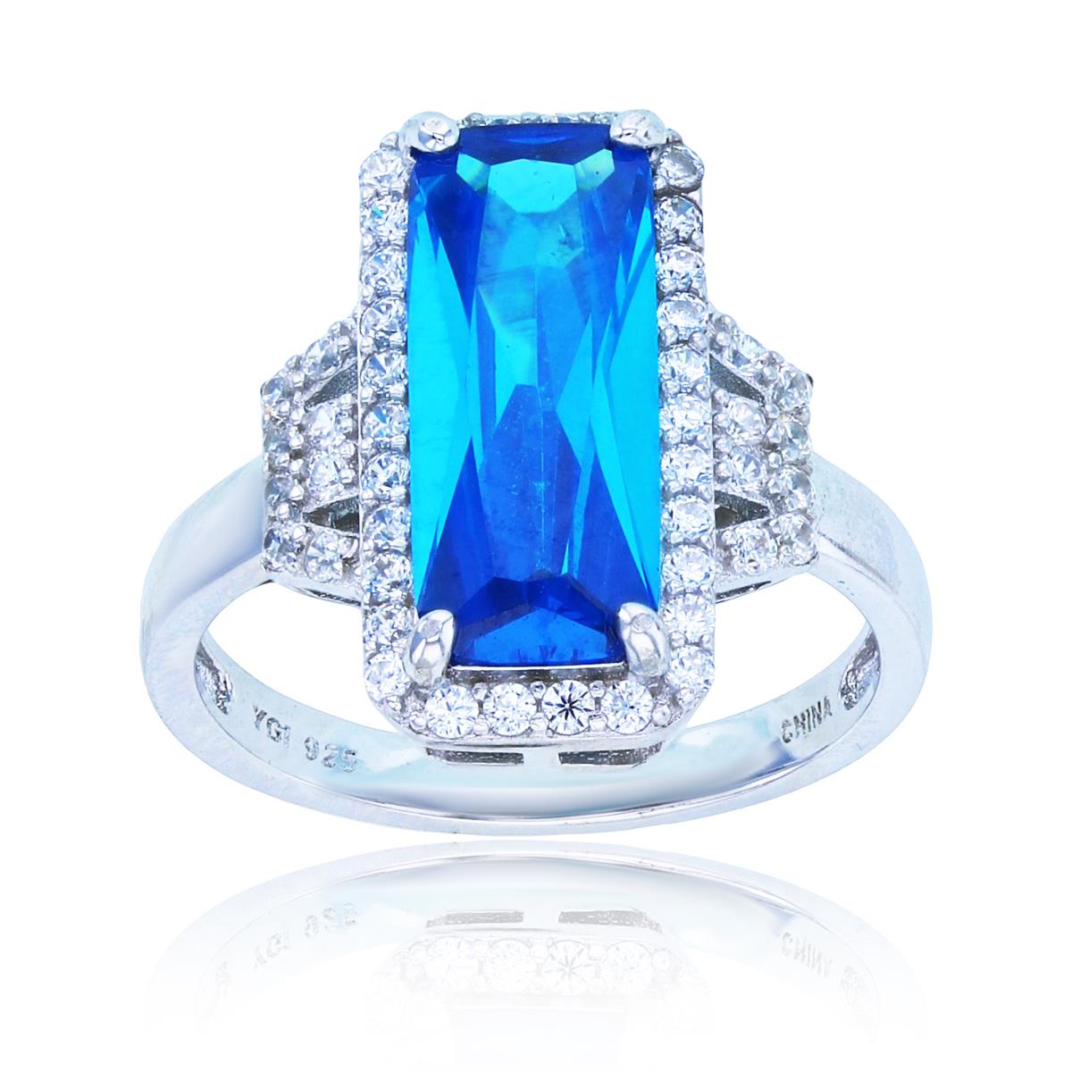 Sterling Silver Rhodium 15x6mm EC Dark Blue & Rnd White CZ Rectangle Fashion Ring